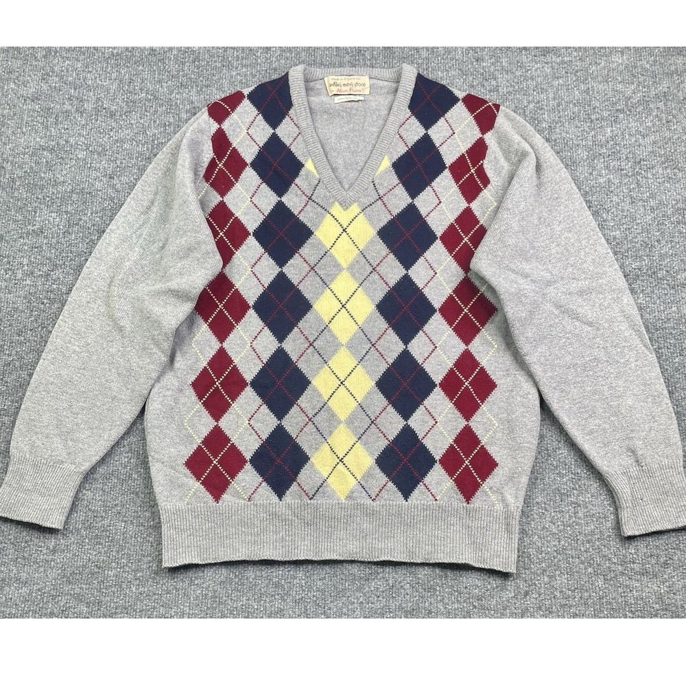 Alan Paine Sweater Men 40 Grey Argyle V-Neck 100% Pure Lambswool Made in England